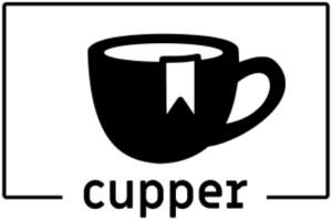 cupper logo, picturing a teacup with a teabag's label folded over the rim