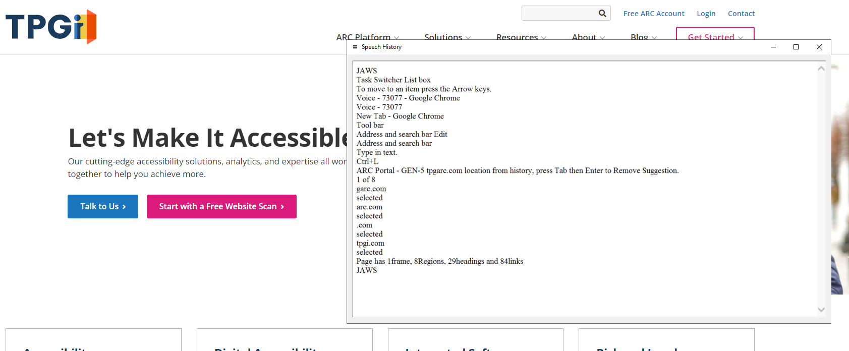 TPGi page with JAWS Speech History displayed