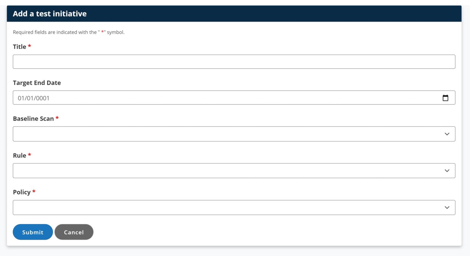 ARC Test Initiatives screenshot showing fields required for setup