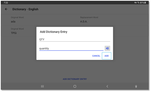 Screenshot of the Add Dictionary Entry dialog with the text ‚QTY‚ and ‚quantity‚ already entered in the input fields.