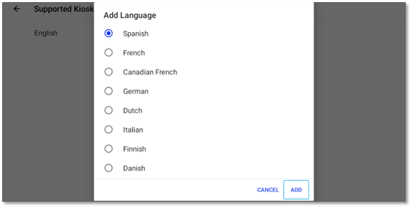 Screenshot of the Add Language Dialog, with Spanish as the selected option.