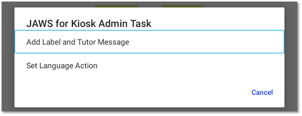 Screenshot of the JAWS for Kiosk Admin Task dialog with the Set Language Action option highlighted.