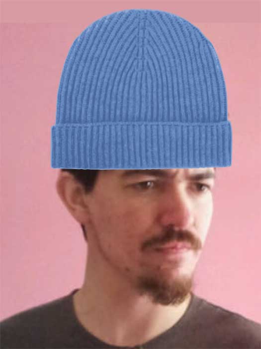 Heydon Pickering with what appears to be a blue beanie fed through a flatbed scanner and dropped onto his photo.
