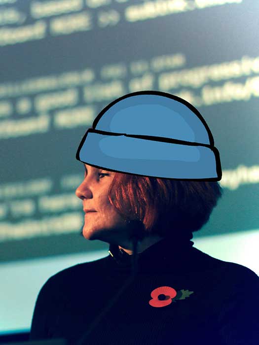 Léonie Watson with a cartoon blue beanie superimposed on her.
