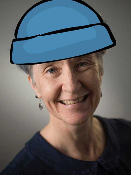 Sarah Horton with a cartoon blue beanie superimposed on her photo.