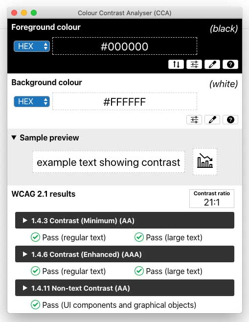 CCA lets designers quickly inspect the contrast ratio of 2 colors with a one-click tool