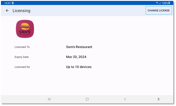 Screenshot of the licensing screen showing the details for the active JAWS for Kiosk license and the CHANGE LICENSE option selected.