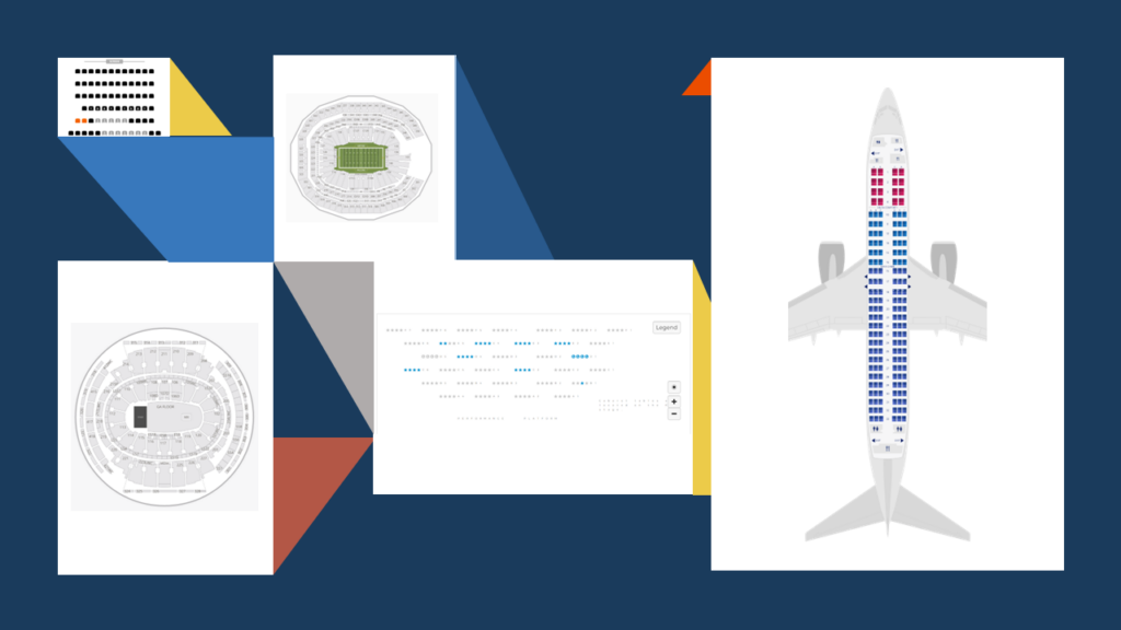 Collage of seating charts for stadiums, theaters, and an airplane