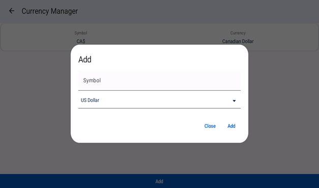 Screenshot of the Currency Entry dialog displaying the input fields with the text "Symbol" and "US dollar" already filled.