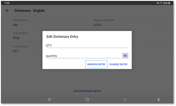 Screenshot of the Edit Dictionary Entry dialog with the text ‚QTY‚ and ‚quantity‚ already entered in the input fields.