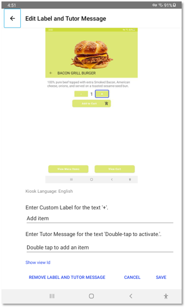Screenshot of the Manage Custom Labels and Tutor Messages screen with an entry for a Custom Label of 'Add item' and a Tutor Message of 'Double tap to add an item.'