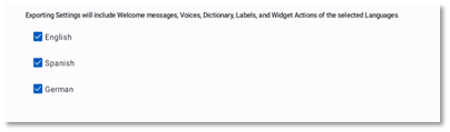 Screenshot of the Export Language Settings Screen. All Languages given are selected by default.