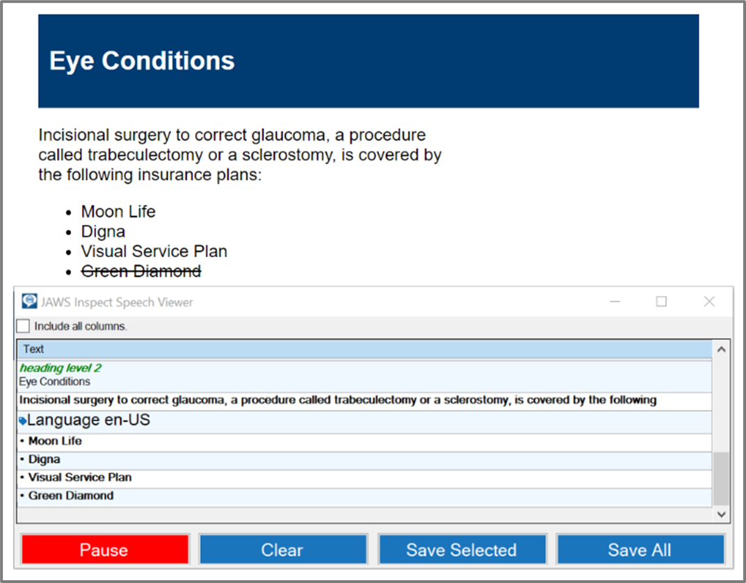 A website screenshot that says "Eye Conditions" at the top and is followed by a description of Incisionary surergy to correct glaucoma and what insurance plans cover the procedure