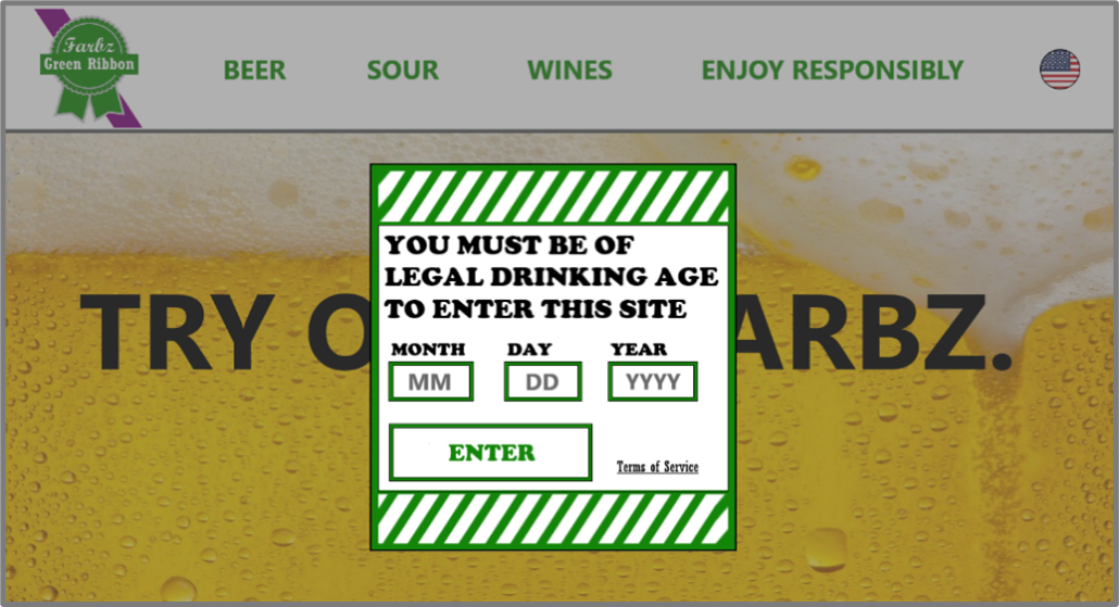A screenshot of a website that sells alcohol. There is a popup form stating "You must be of legal drinking age to enter this site" and has a form to submit the user's birth month, day, and year.