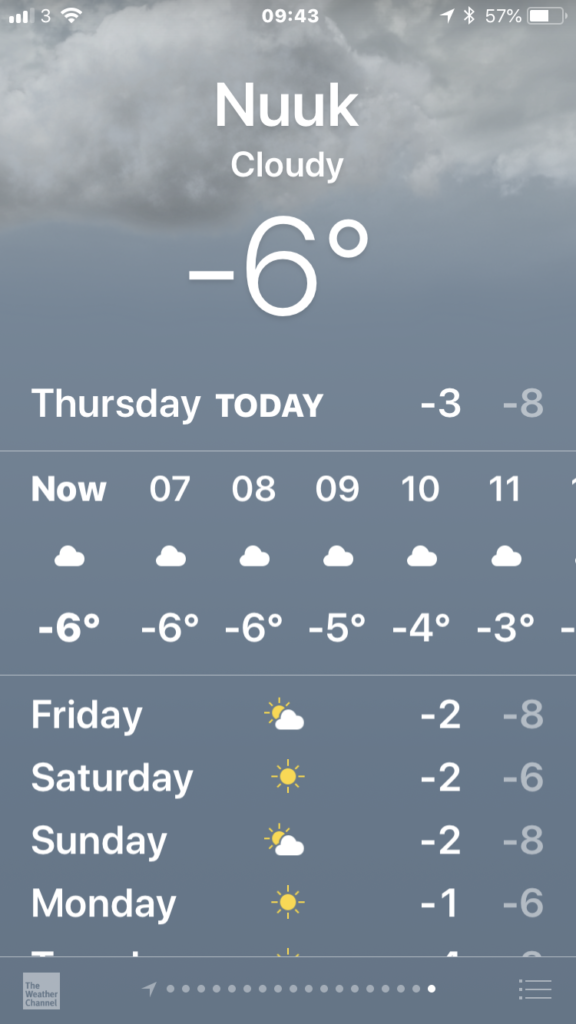 The weather forecast screen for the city of Nuuk in the iOS Weather app. Bold text is enabled, a thicker font has been applied. The screen shows; the current temperature, hourly forecasts for today, and daily forecasts for the week ahead.