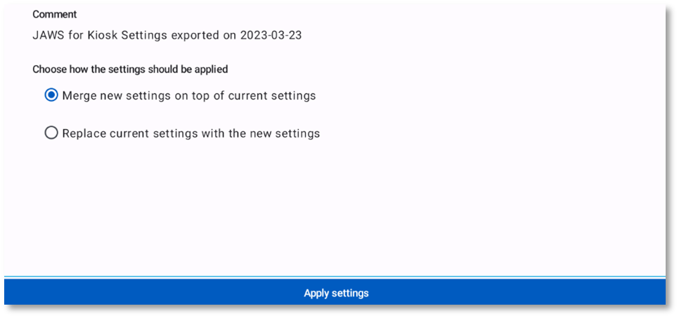 Screenshot of the Import mode selection Screen  showing the Replace and Merge options. Merge is currently selected.