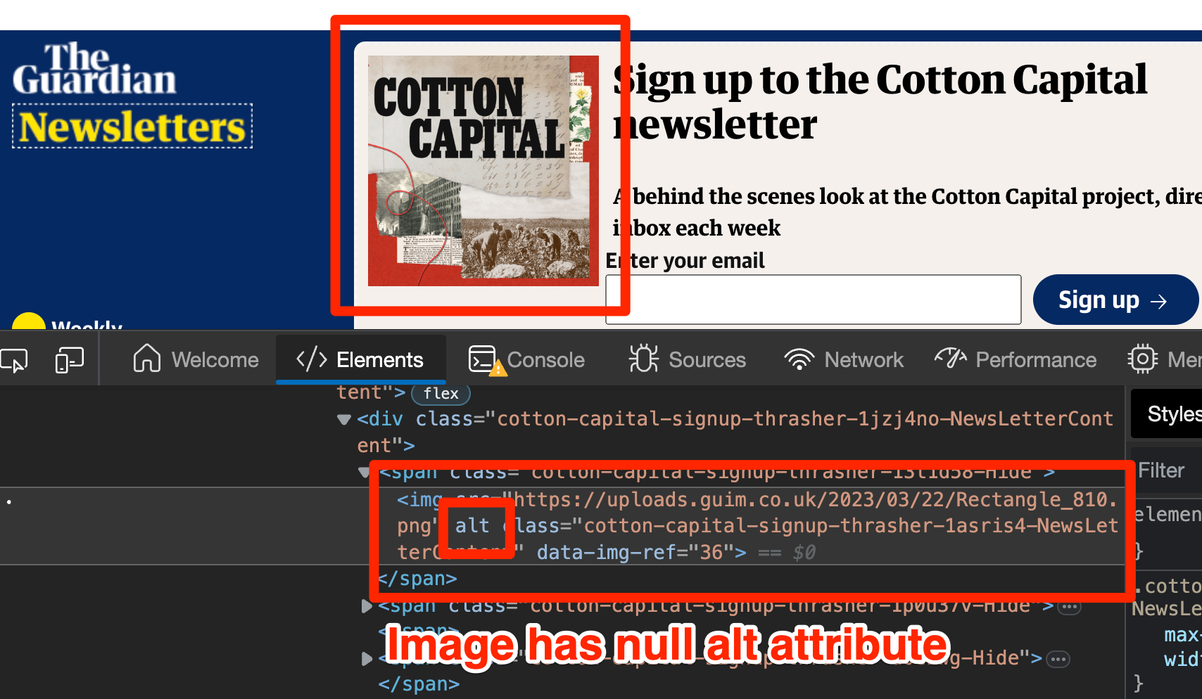 An image that is lacking an alt highlighted in the web page and the associated markup in DevTools also indicated