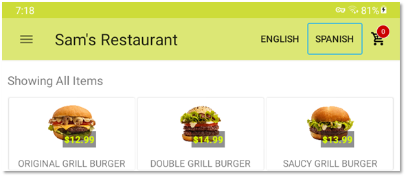 Screenshot of a restaurant kiosk application with two language switching options, English and Spanish, with the Spanish option highlighted.