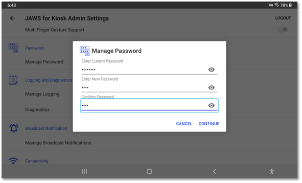 Screenshot of the Manage Password dialog with all text input fields filled in.