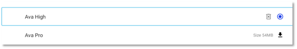Screenshot of the Manage Tutor Message Voices screen with Ava High selected and currently set as the default voice.