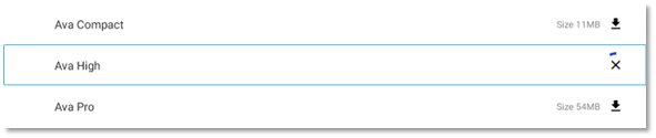 Screenshot of the Manage Tutor Message Voices screen with Ava High selected and currently being downloaded.
