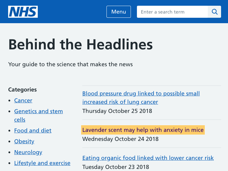 NHS Behind the Headlines website displaying a list of medical headlines. One headline in particular, 'Lavender scent may help with anxiety in mice' is highlighted. 