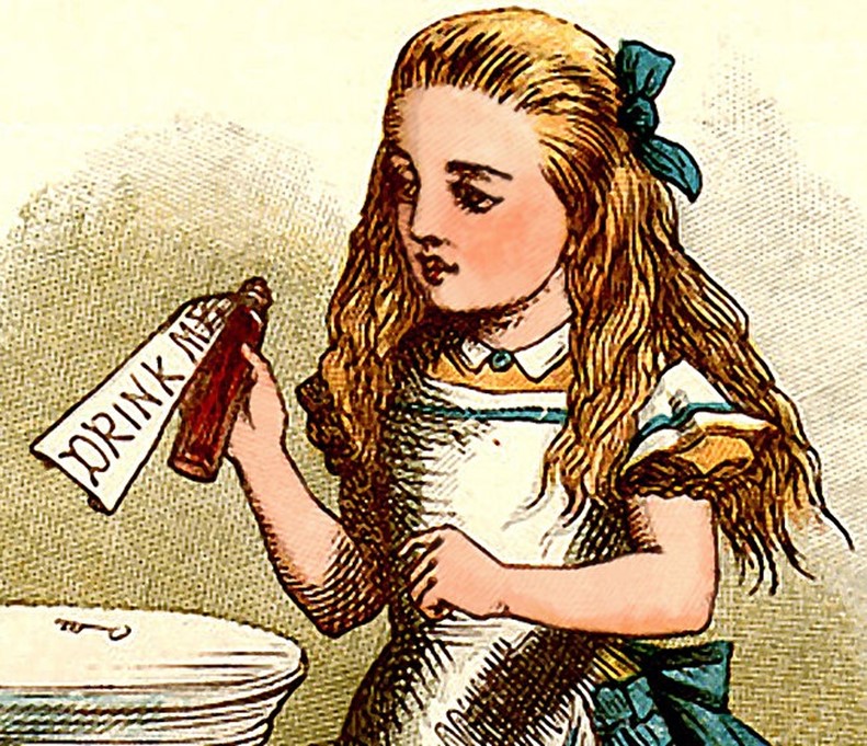 An illustration of Alice from Alice's Adventures in Wonderland peering at a bottle labeled 'DRINK ME'. 
