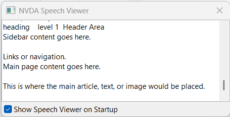NVDA speech viewer describing the text content of a table