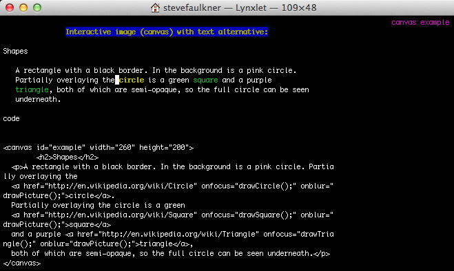 screenshot of lynx browser displaying canvas fallback content from the linked canvas example page.