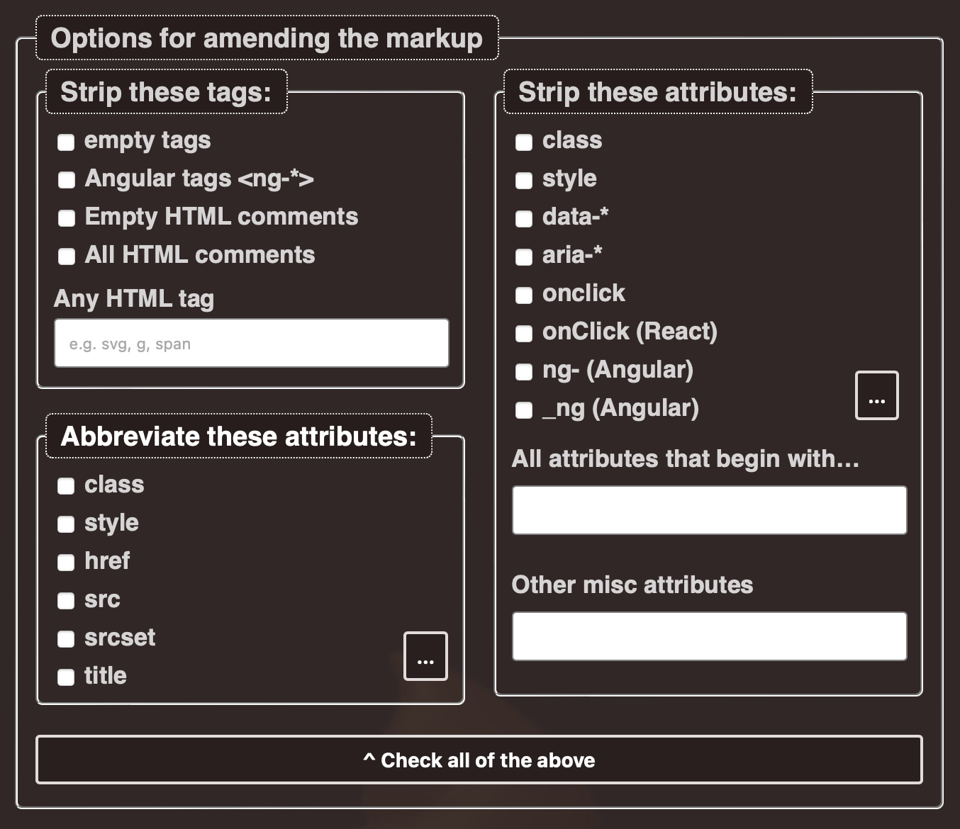 De-crapulator options to remove attributes, tags and comments