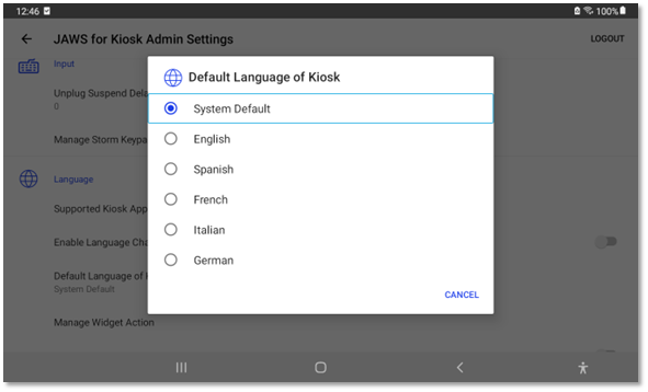 Screenshot of the Dialog for Default Language of Kiosk with System Default option selected.
