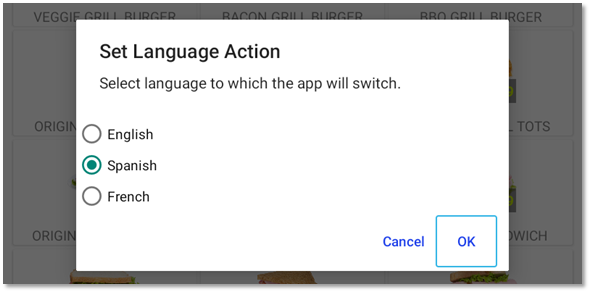 Screenshot of the Set Language Action dialog with the Spanish option checked.