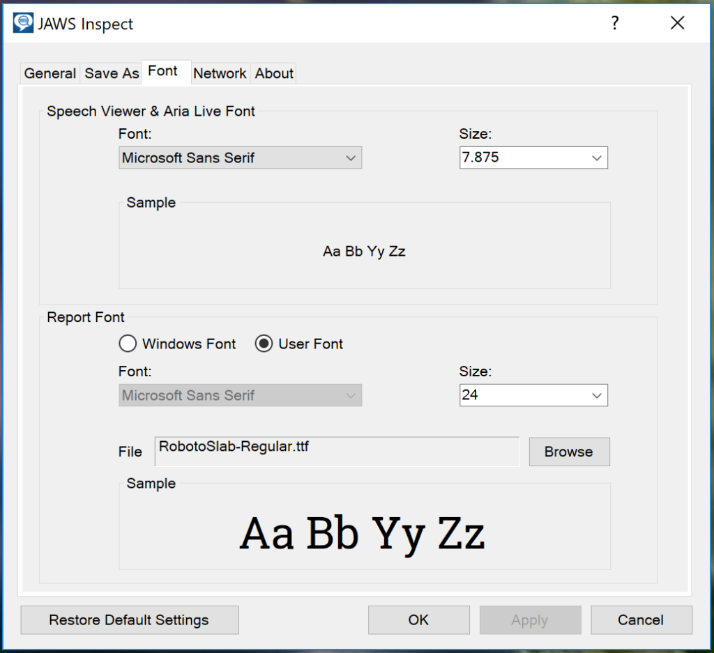 Fonts section of JAWS Inspect Settings dialog