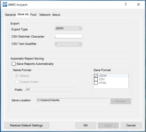 Save As section of JAWS Inspect Settings dialog