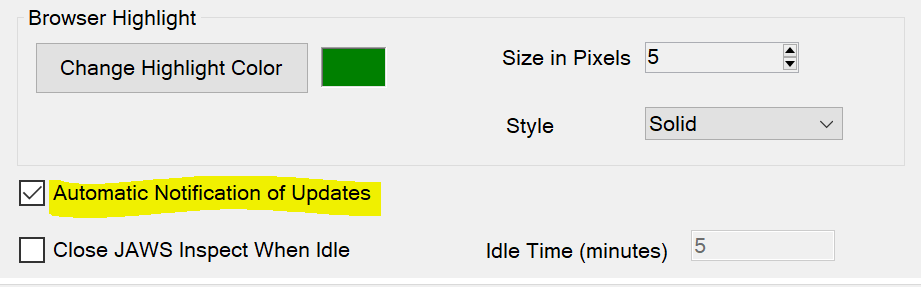 JAWS Inspect Settings dialog with Check for Upddates option checked