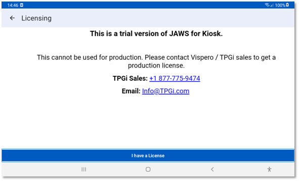 Screenshot of the licensing screen displaying trial version details with the I have a License option selected.
