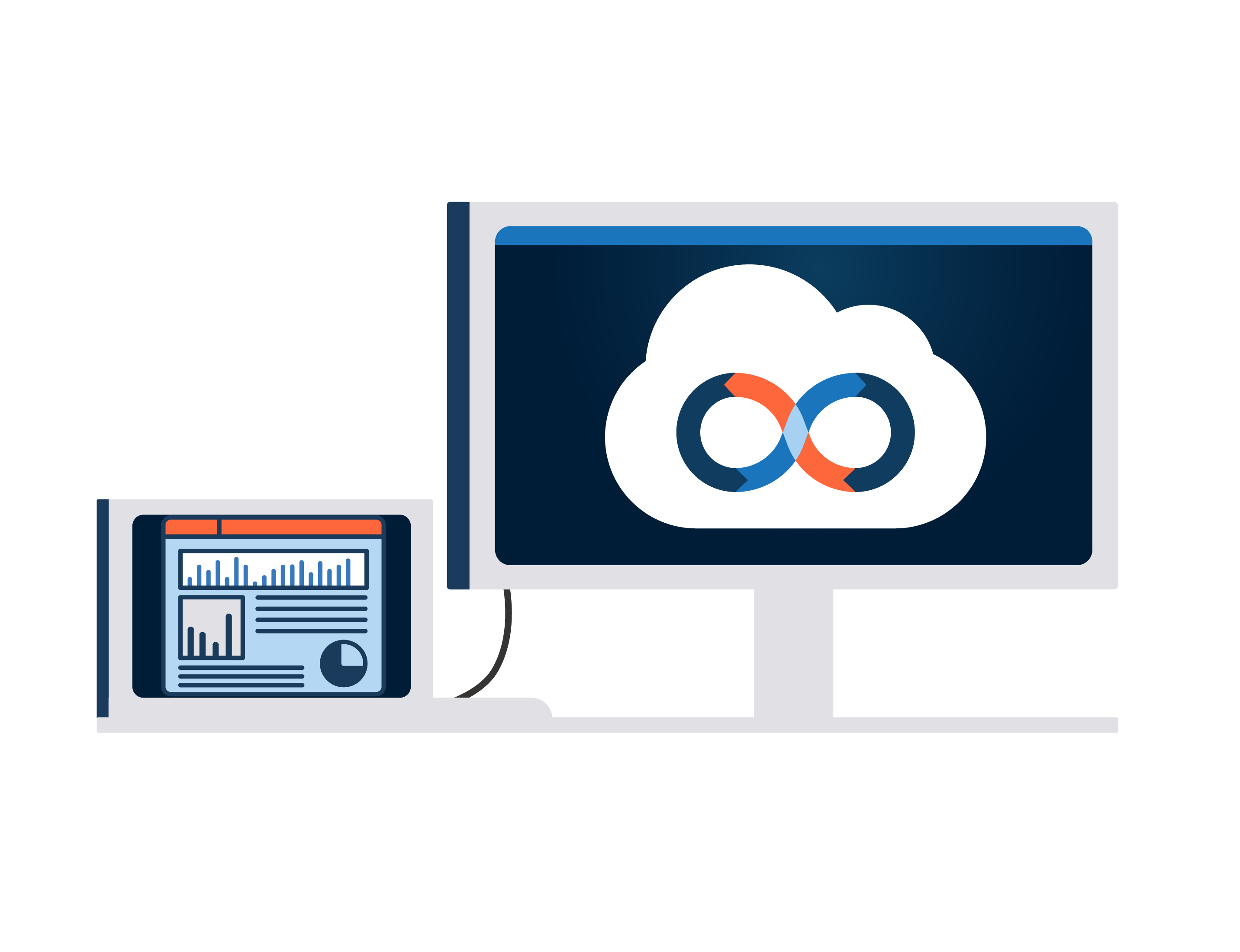 illustration of a laptop displaying a report with pie and bar graphics connected by a wire to a desktop computer displaying a cloud with the DevOps SDLC infinity symbol centered.