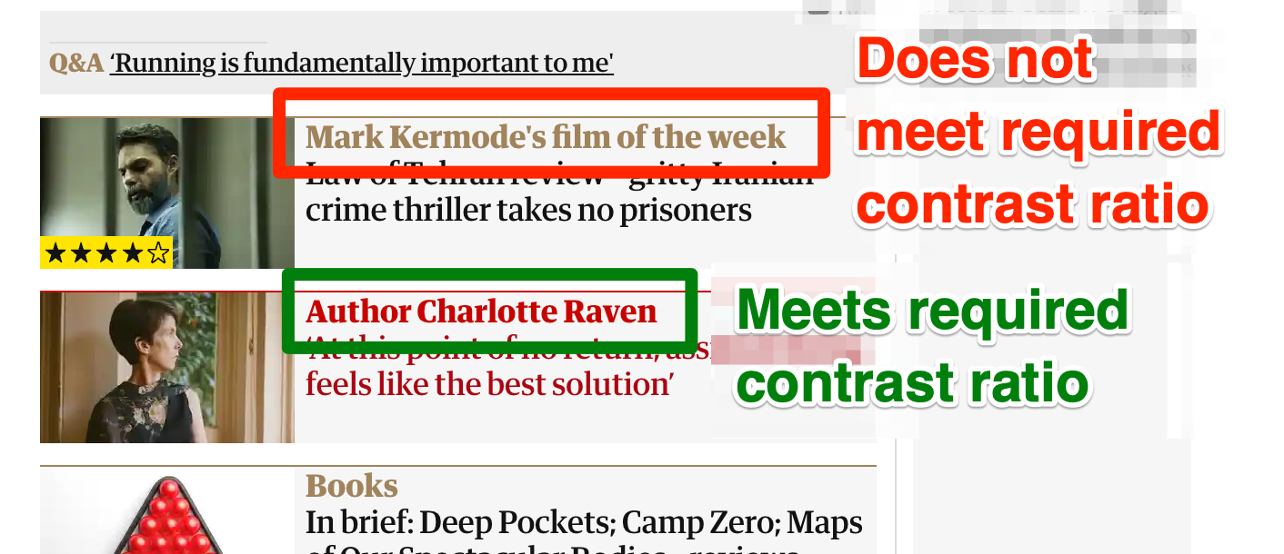 Headings with low contrast boxed in red, example of good heading boxed in green, both annotated