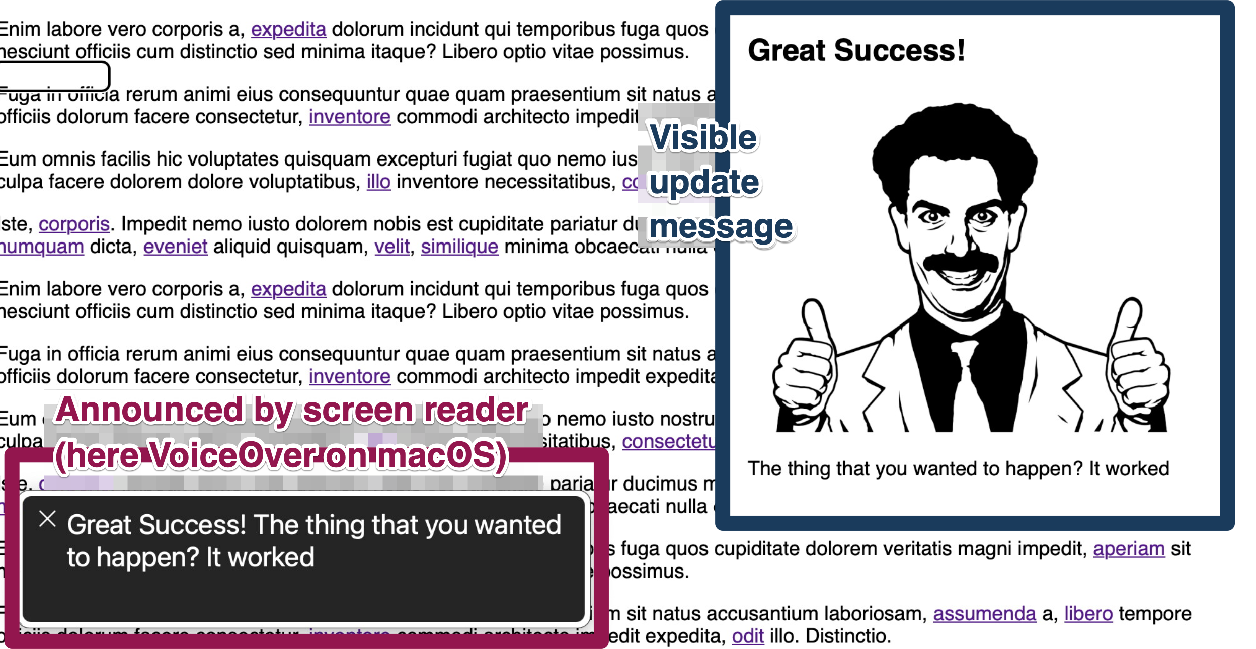 The example from earlier shows a message visibly shown on screen with some heading text 'Great Success!', an image of movie character Borat holding up two thumbs and a subsequent message 'The thing that you wanted to happen? It worked'. Also shown is the speech output panel of VoiceOver on macOS announcing 'Great Success! The thing that you wanted to happen? It worked'