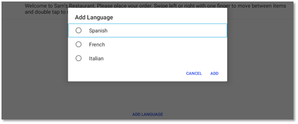 Screenshot of the Set Language Action dialog with the Spanish option checked.