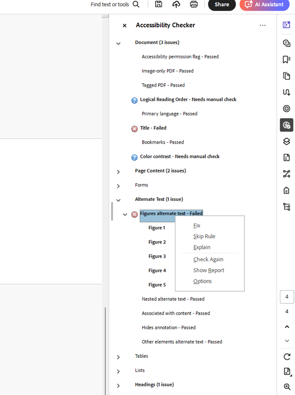 Accessibility Checker results panel with issues and options menu highlighted