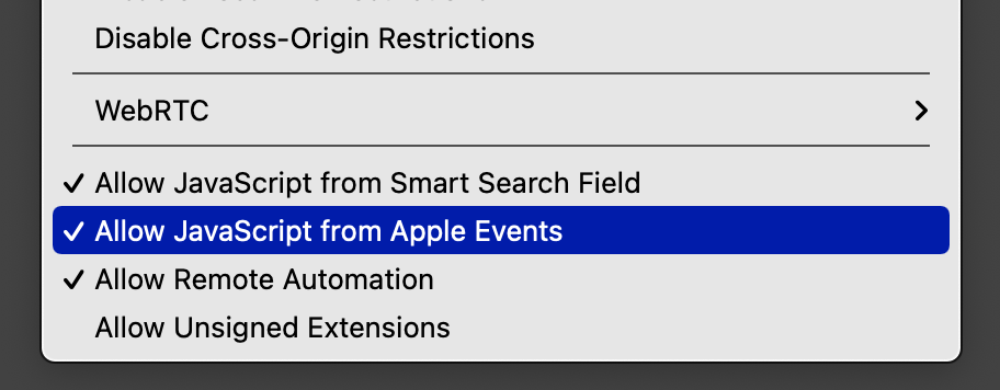 In Safari choose: Develop → Allow JavaScript from Apple Events