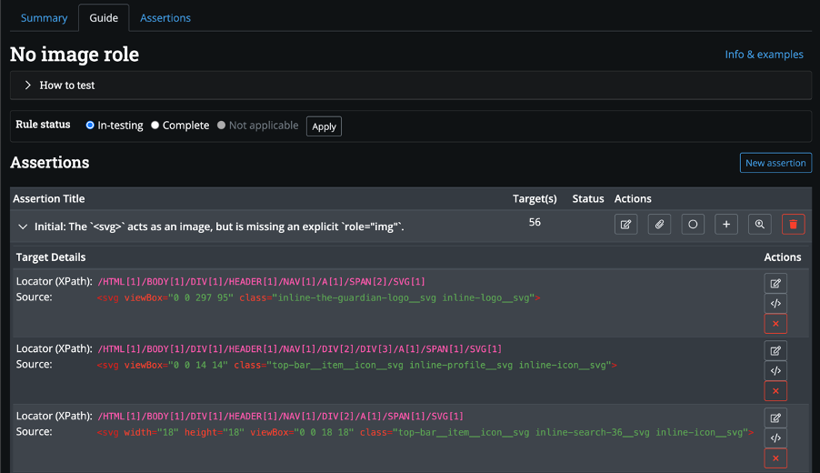 An accessibility issue in ARC Capture with a list of all the instances of that issue