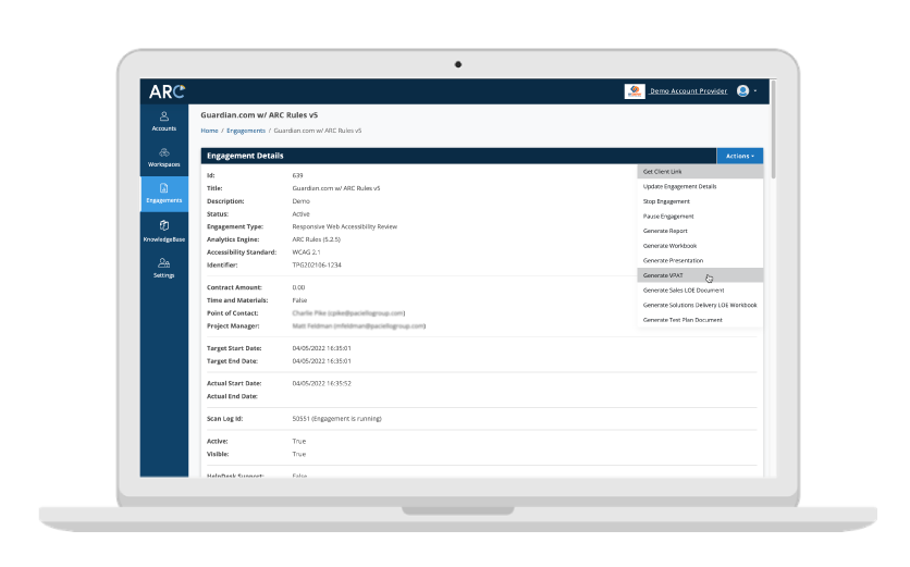 Laptop displaying ARC Provider Portal dashboard of engagements