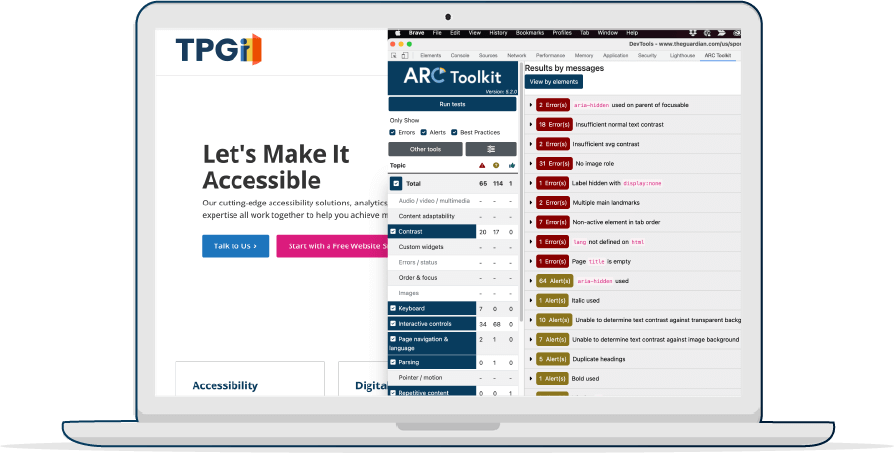 Laptop displaying tpgi.com and ARC Toolkit v5 chrome application open. with data from a scan.