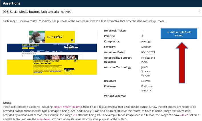 An assertion that has an "add a helpdesk ticket" button next to it in ARC