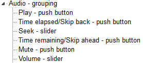 The control container has a role=grouping, the play skip back, skip forward and mute controls are role=button, the seek and volume controls are role=slider