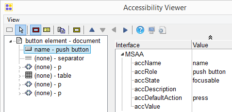 aVIEWER UI displaying information about a button element. It shows that the button has a correct accessible name and role and state.