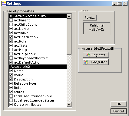 settings dialog showing property customization 'use of properties' listbox, the font change button and the IA2 registration buttons.
