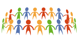 Red, blue, green, and orange figures of people holding hands in a circle